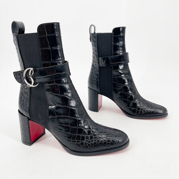 NWOB Christian Louboutin CL Chelsea Booty Black Croc Embossed Ankle Boots EU 37 - Picture 1 of 11